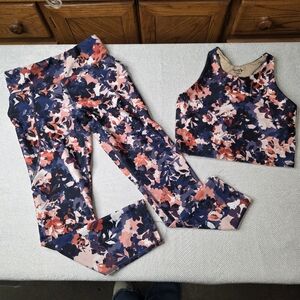 Old Navy Girls PowerSoft Active Set - Pink Floral Leggings & Bra - Size M (8)